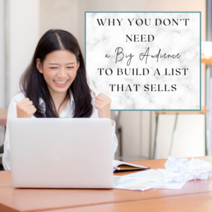 Excited female entrepreneur using laptop, with blog title "Why You Don’t Need a Big Audience to Build an Email List That Sells" on marble background